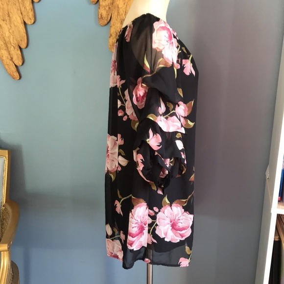 IJOAH black & pink floral chiffon mesh pullover 3/4 sleeves tunic/mini dress M - Picture 3 of 15